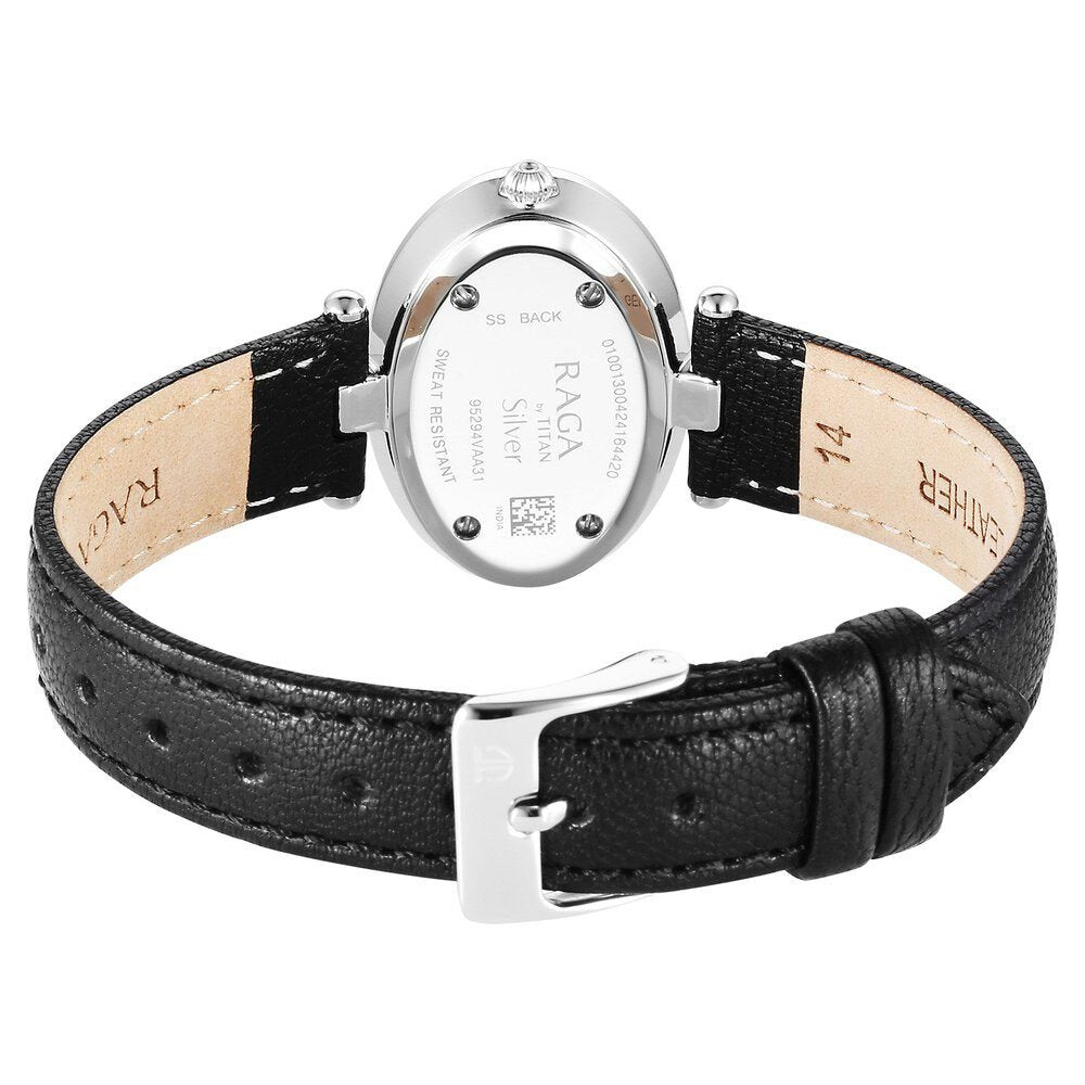 Titan Raga Silver Quartz Analog Mother Of Pearl Dial Sterling Silver Case With Black Color Leather Strap Watch For Women - The Watch Factory ®