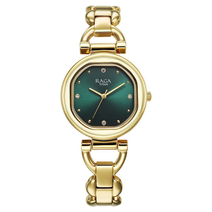 Titan Raga Showstopper Quartz Analog Green Dial Metal Strap Watch For Women 95301YM01
