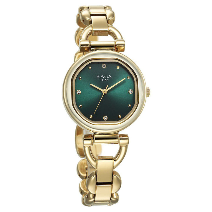 Titan Raga Showstopper Quartz Analog Green Dial Metal Strap Watch For Women 95301YM01