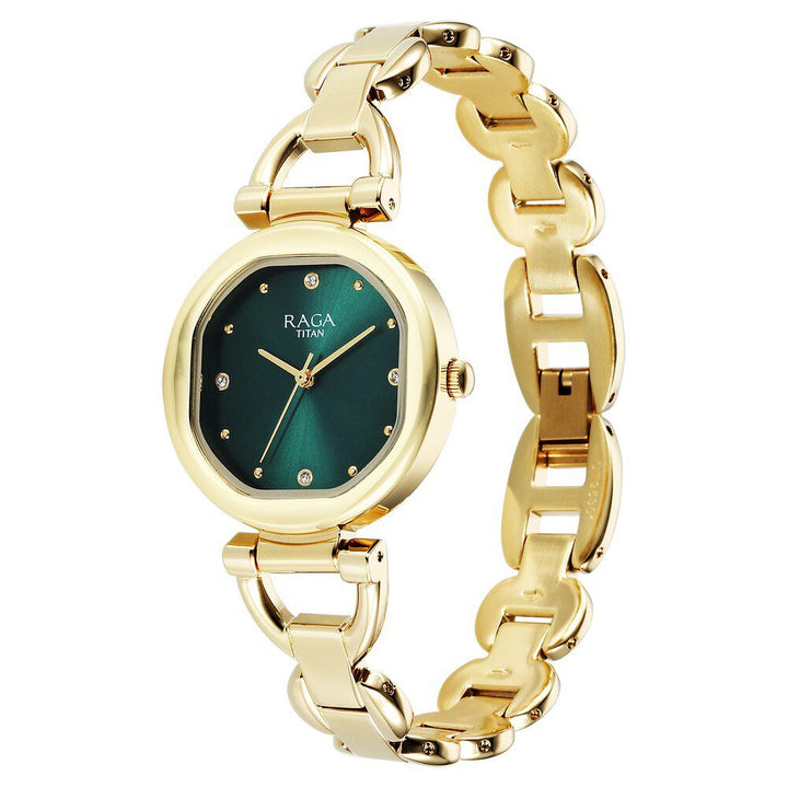 Titan Raga Showstopper Quartz Analog Green Dial Metal Strap Watch For Women 95301YM01