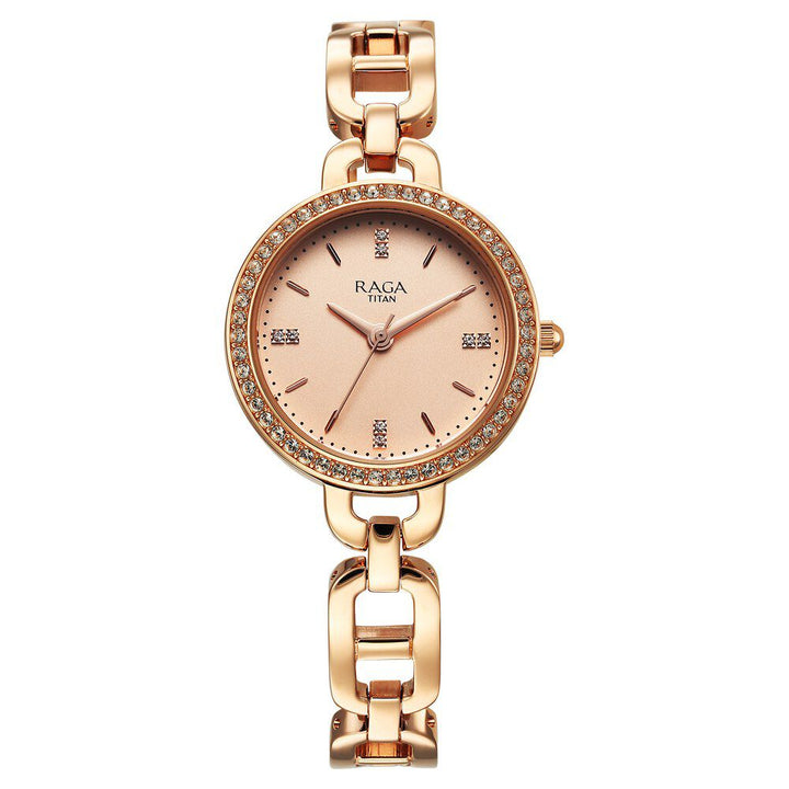 Titan Raga Showstopper Quartz Analog Rose Gold Dial Metal Strap Watch For Women 95305WM01