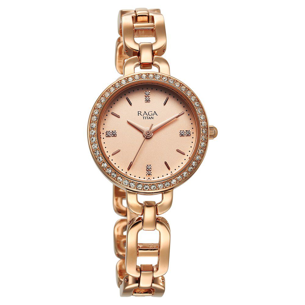 Titan Raga Showstopper Quartz Analog Rose Gold Dial Metal Strap Watch For Women 95305WM01