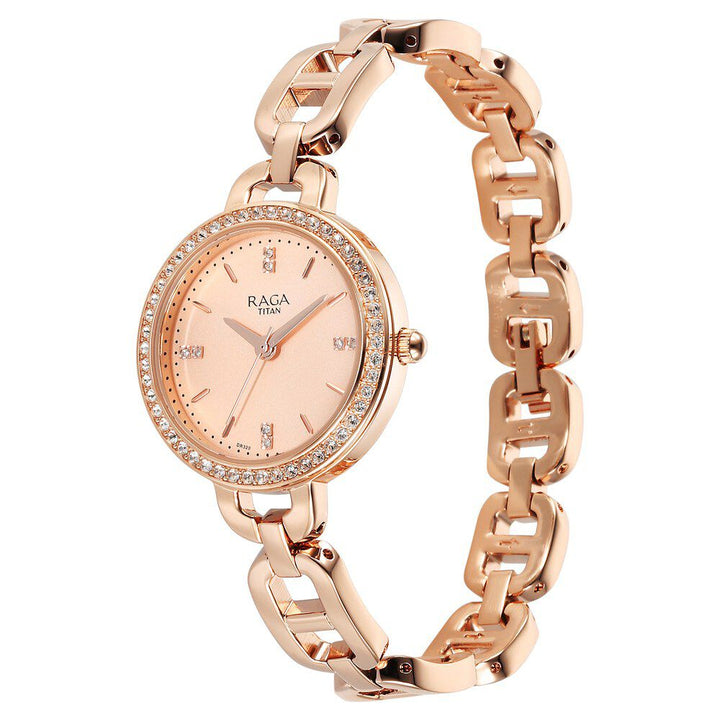 Titan Raga Showstopper Quartz Analog Rose Gold Dial Metal Strap Watch For Women 95305WM01