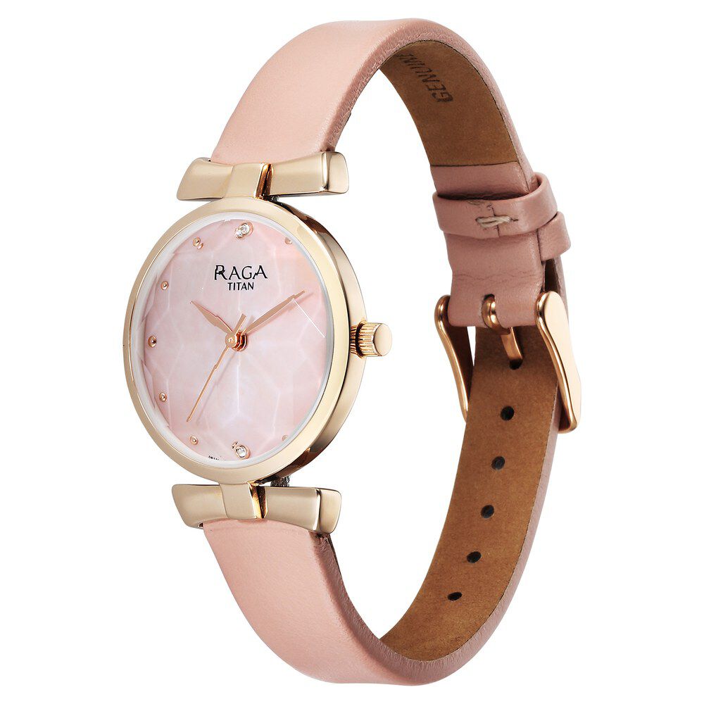 Titan Raga Showstopper Quartz Analog Pink Dial Leather Strap Watch For Women 95308WL01