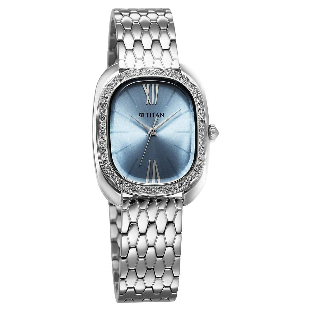 Titan Glamour Quartz Analog Blue Dial Silver Stainless Steel Strap Watch For Women - The Watch Factory ®
