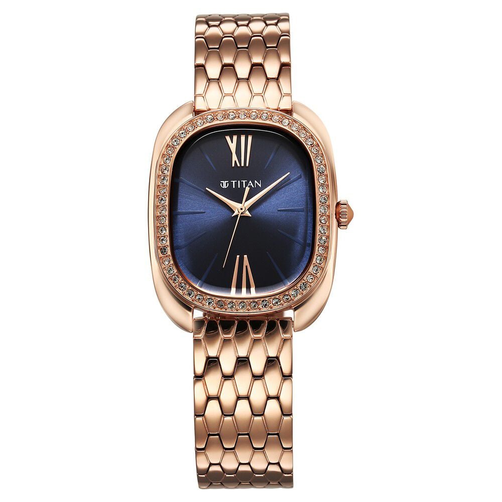 Titan Glamour Quartz Analog Blue Dial Rose Gold Stainless Steel Strap Watch For Women - The Watch Factory ®