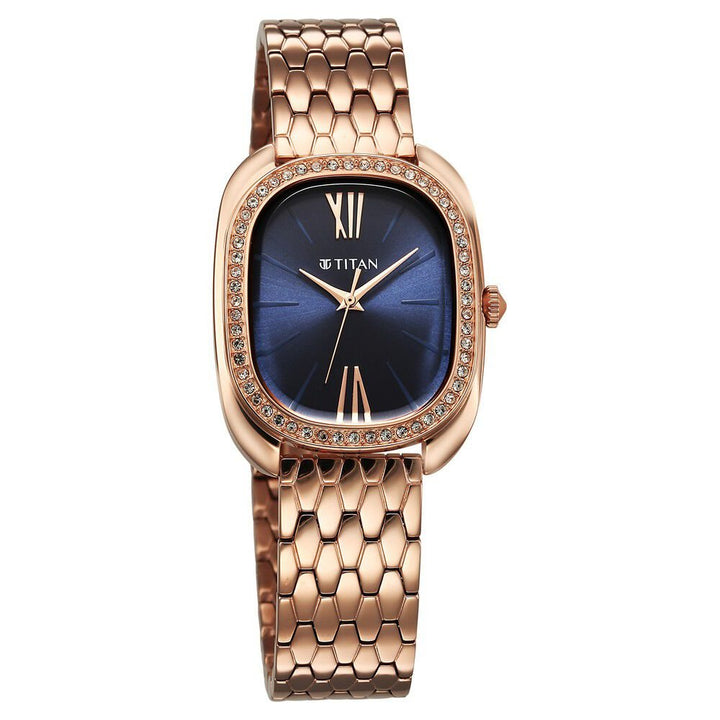 Titan Glamour Quartz Analog Blue Dial Rose Gold Stainless Steel Strap Watch For Women - The Watch Factory ®