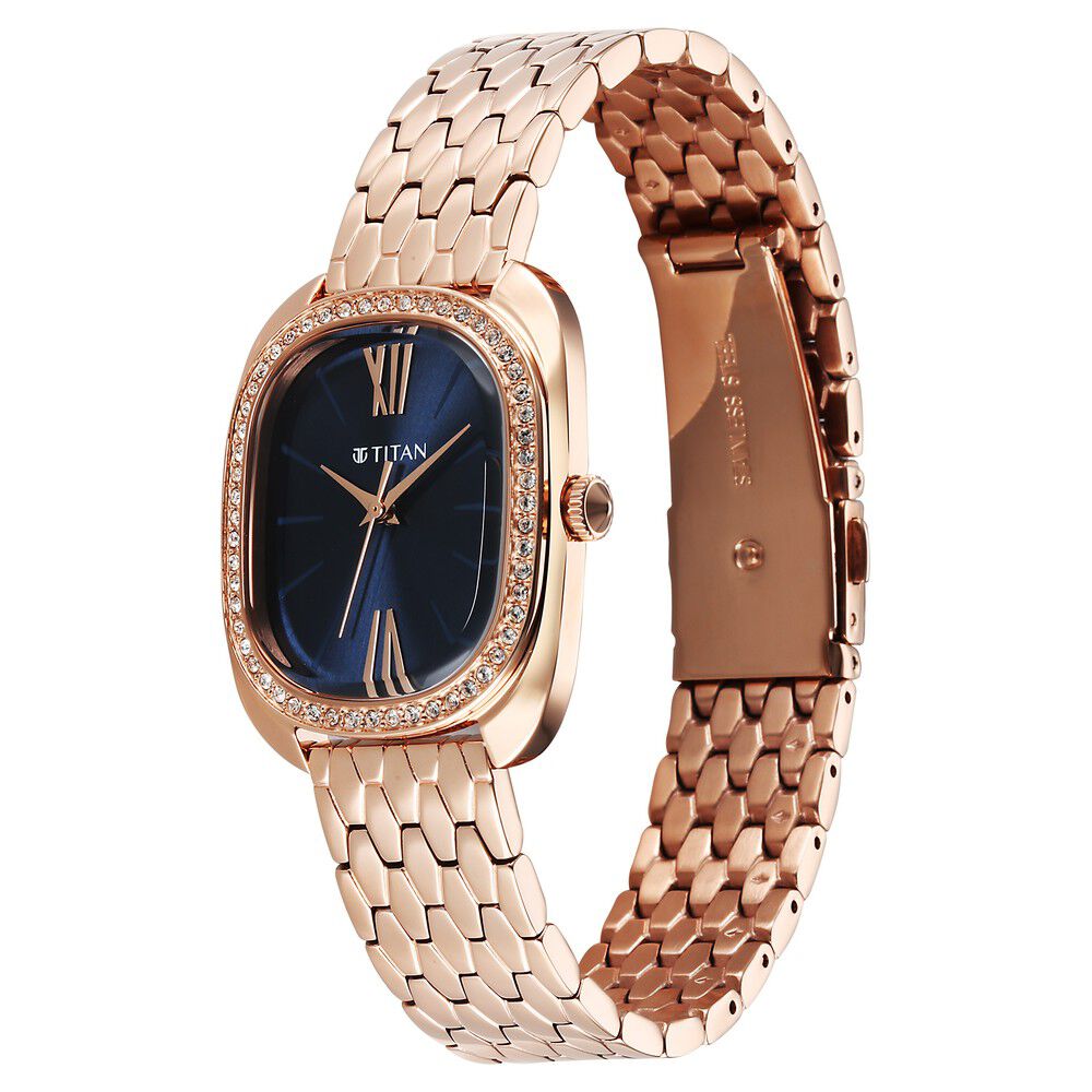 Titan Glamour Quartz Analog Blue Dial Rose Gold Stainless Steel Strap Watch For Women - The Watch Factory ®