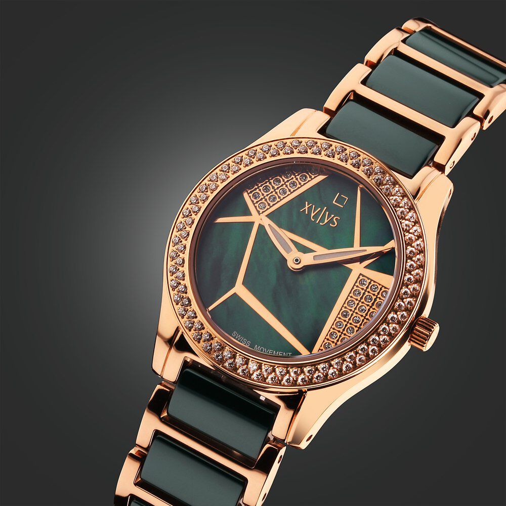 Xylys Shimmer Swiss Aanlog Steel & Ceramic Mother of Pearl Green Dial Watch for Women 9766WD04E