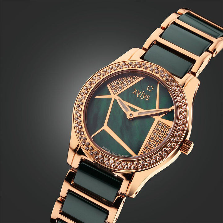 Xylys Shimmer Swiss Aanlog Steel & Ceramic Mother of Pearl Green Dial Watch for Women 9766WD04E