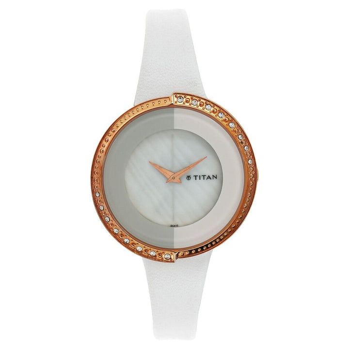 Titan Quartz Analog White Dial Leather Strap Watch for Women NF9943WL01