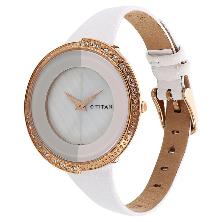 Titan Quartz Analog White Dial Leather Strap Watch for Women NF9943WL01