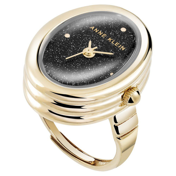 Anne Klein Quartz Analog Black Dial Golden Metal Ring Watch For Women AK5126RINGBKW