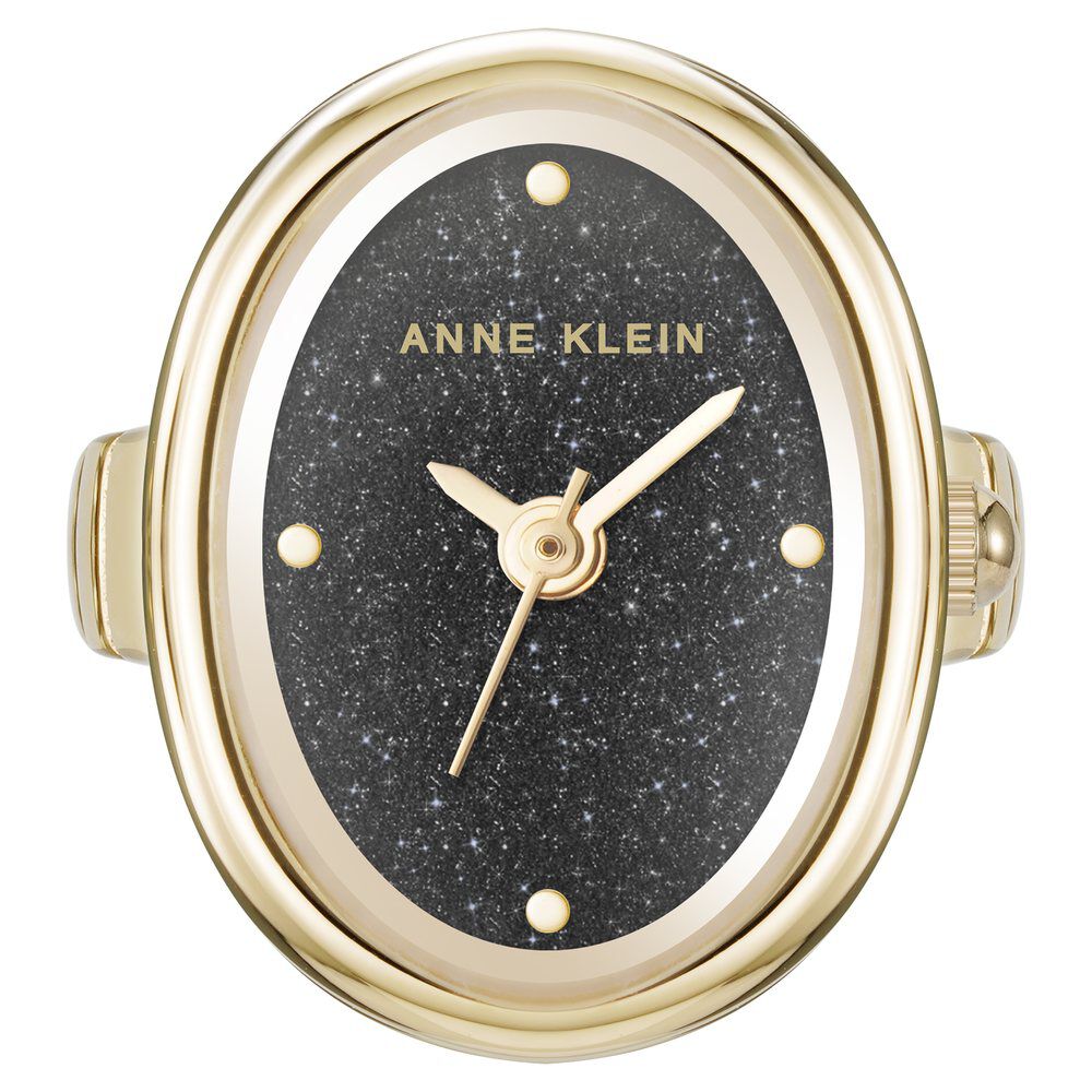 Anne Klein Quartz Analog Black Dial Golden Metal Ring Watch For Women AK5126RINGBKW
