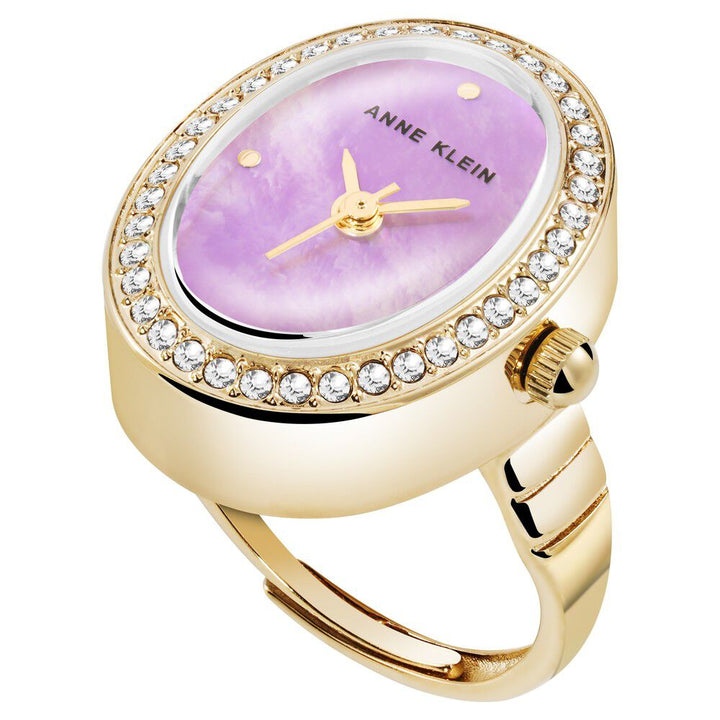 Anne Klein Quartz Analog Purple Dial Golden Metal Ring Watch For Women AK5128RINGPMW