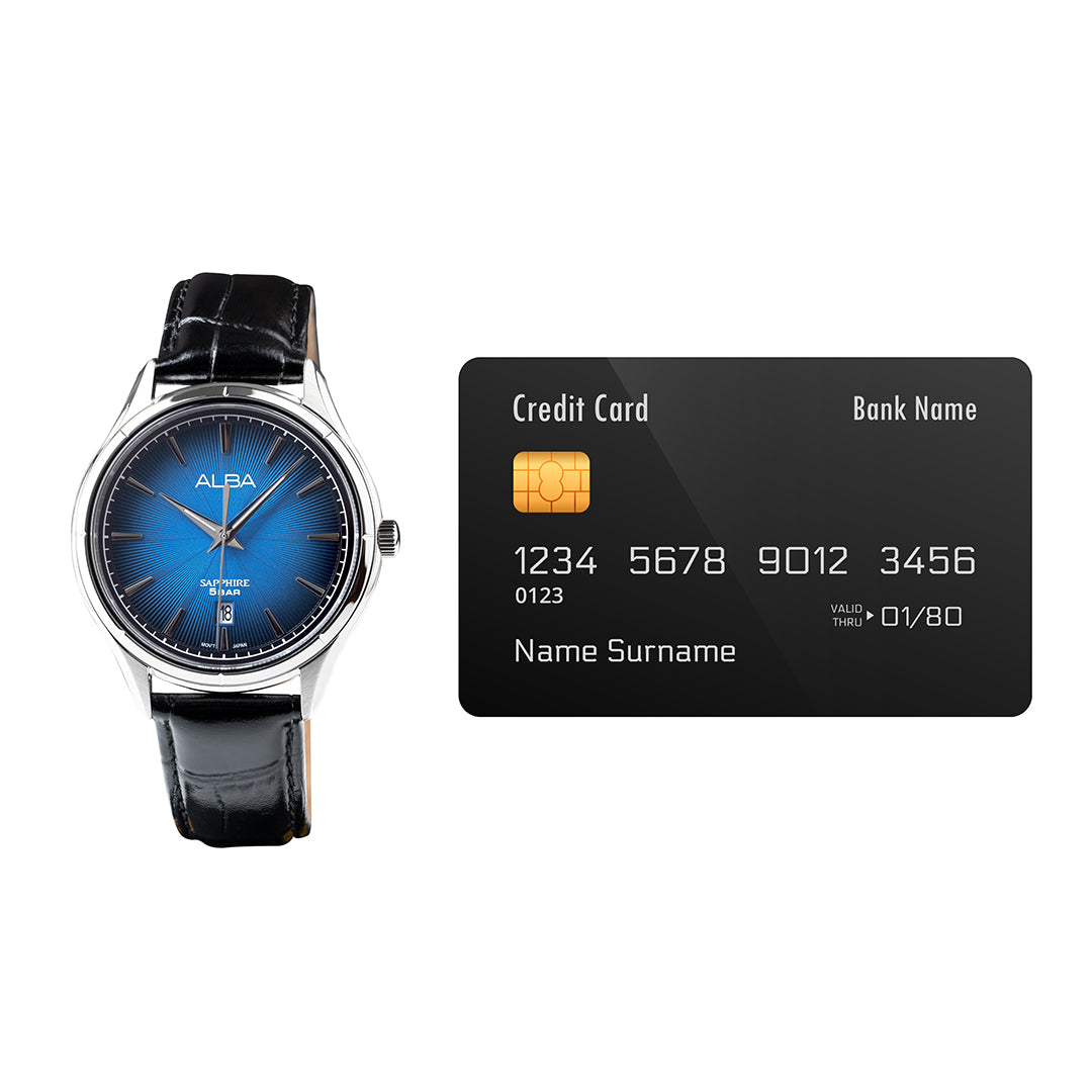 AS9T73X1 Deep Blue Patterned Dial Quartz Watch with Leather Strap