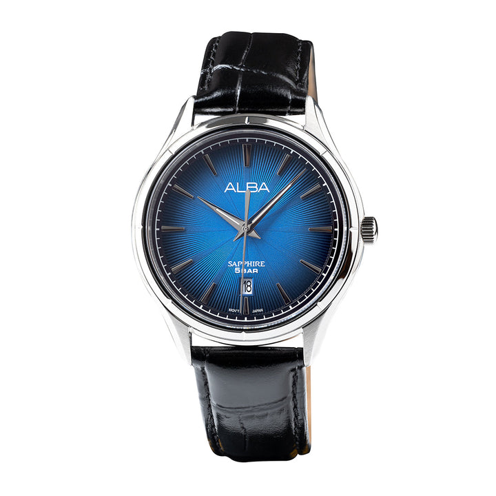 AS9T73X1 Deep Blue Patterned Dial Quartz Watch with Leather Strap
