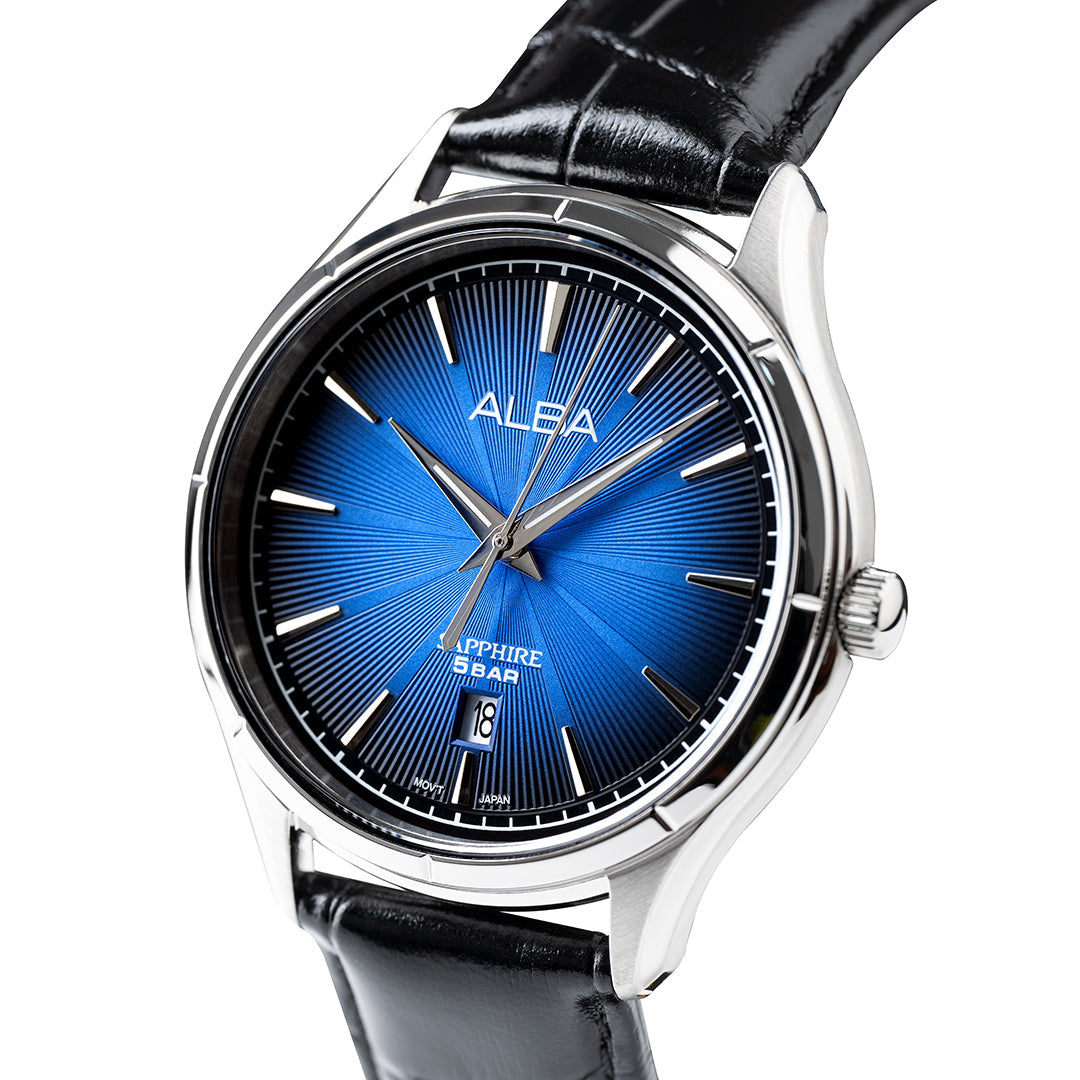 AS9T73X1 Deep Blue Patterned Dial Quartz Watch with Leather Strap