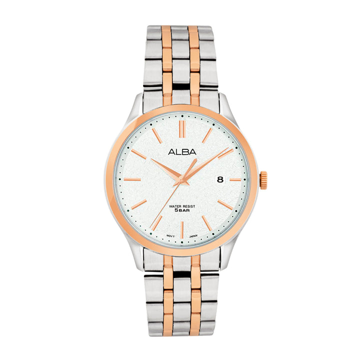 AS9R28X1 White Marble Dial with Rose Gold+Silver Metal Strap