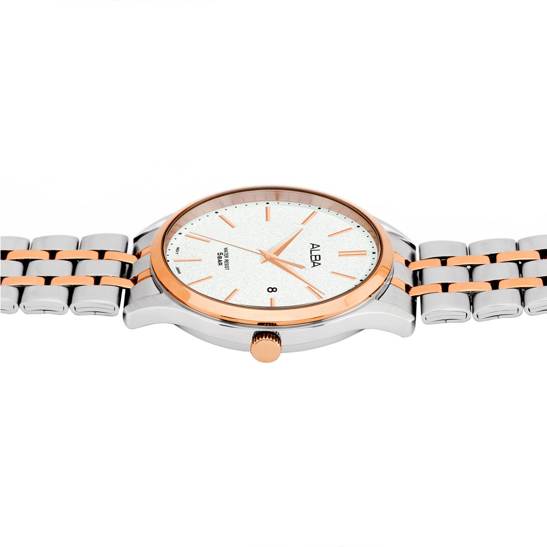 AS9R28X1 White Marble Dial with Rose Gold+Silver Metal Strap
