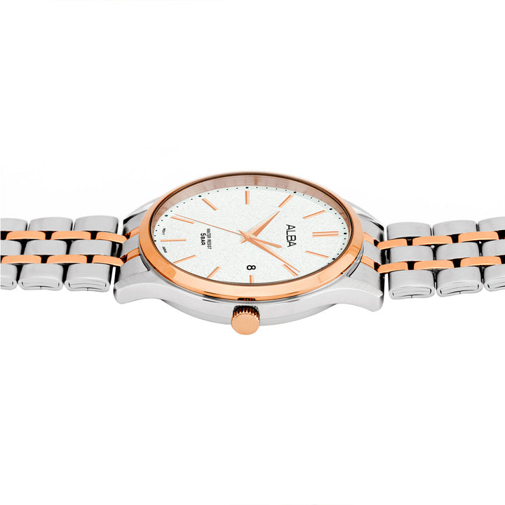 AS9R28X1 White Marble Dial with Rose Gold+Silver Metal Strap