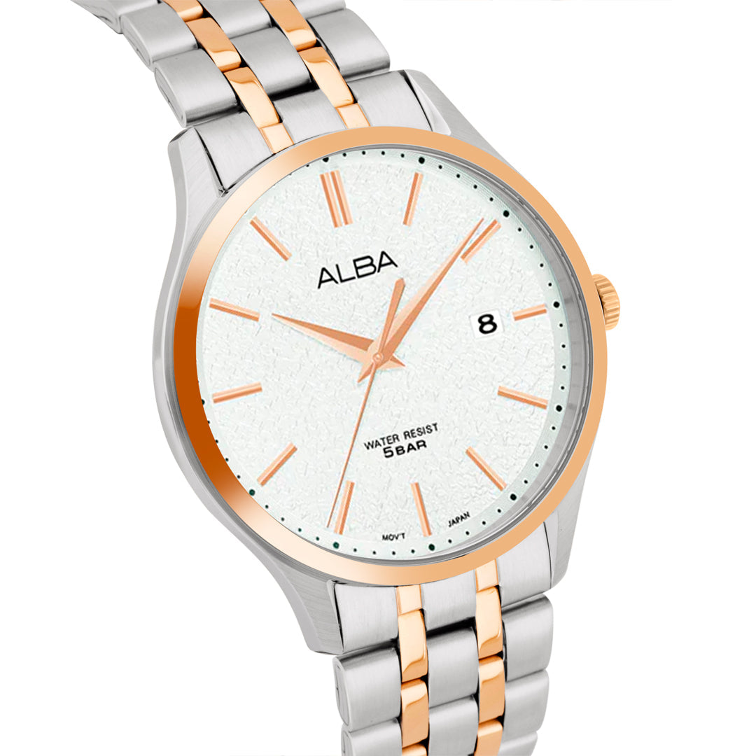 AS9R28X1 White Marble Dial with Rose Gold+Silver Metal Strap