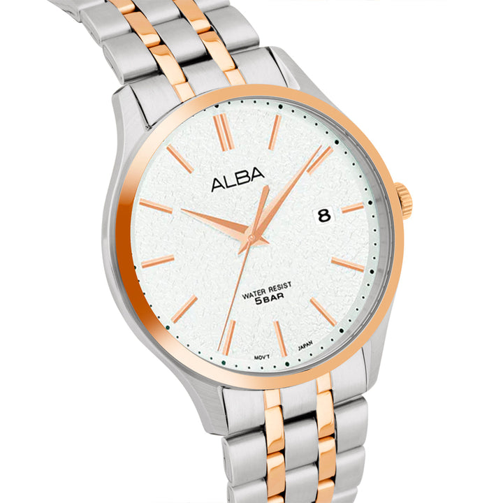 AS9R28X1 White Marble Dial with Rose Gold+Silver Metal Strap