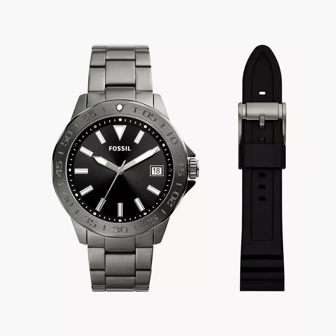 Fossil Bannon Three-Hand Date Smoke Stainless Steel Watch And Strap Box Set