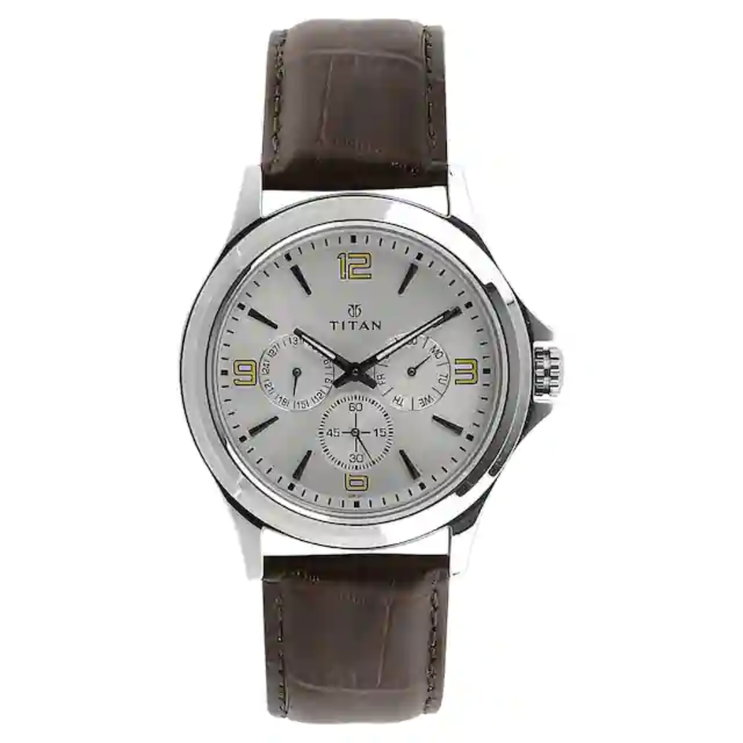 Titan Silver Dial Brown Leather Strap Watch NQ1698SL01 (DF310) – The ...