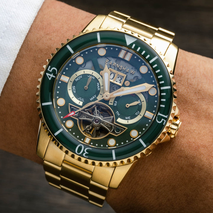Earnshaw Duncan Grande Date Open Heart Automatic Gold Green