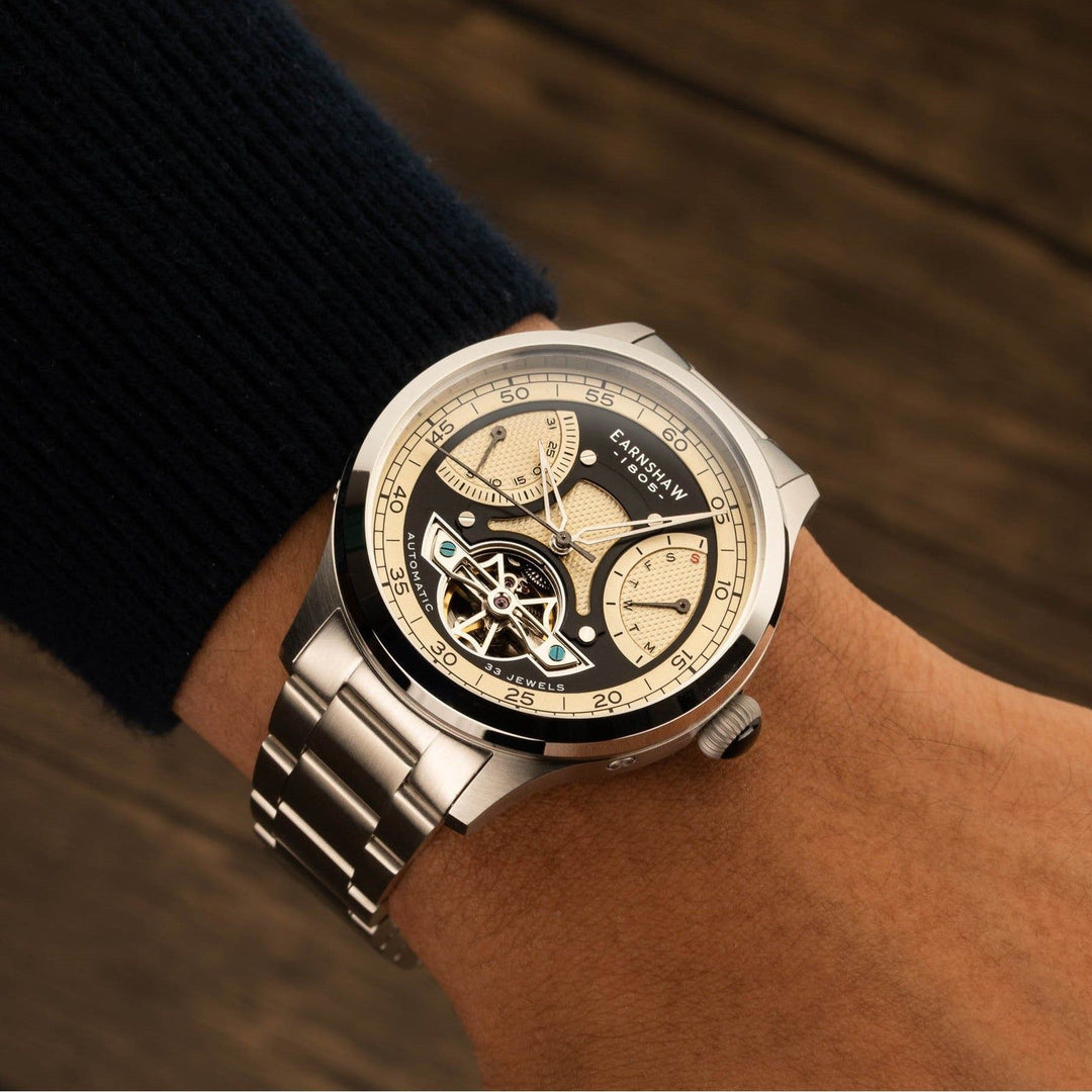 Earnshaw Baron Dual Retrograde Calendar Open Heart Automatic Cream Black