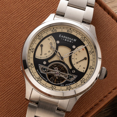 Earnshaw Baron Dual Retrograde Calendar Open Heart Automatic Cream Black