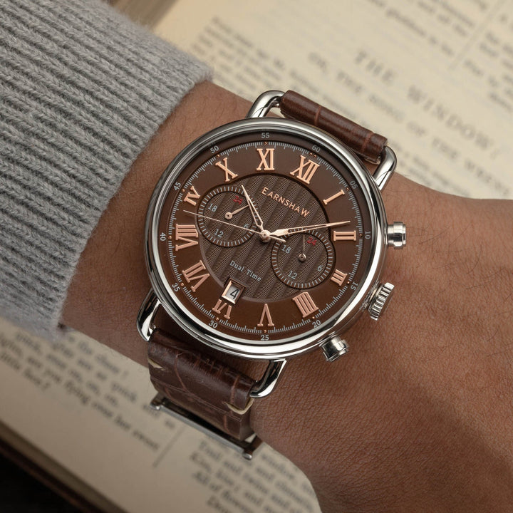 Earnshaw Investigator Dual Time Multi-Function Casket Brown