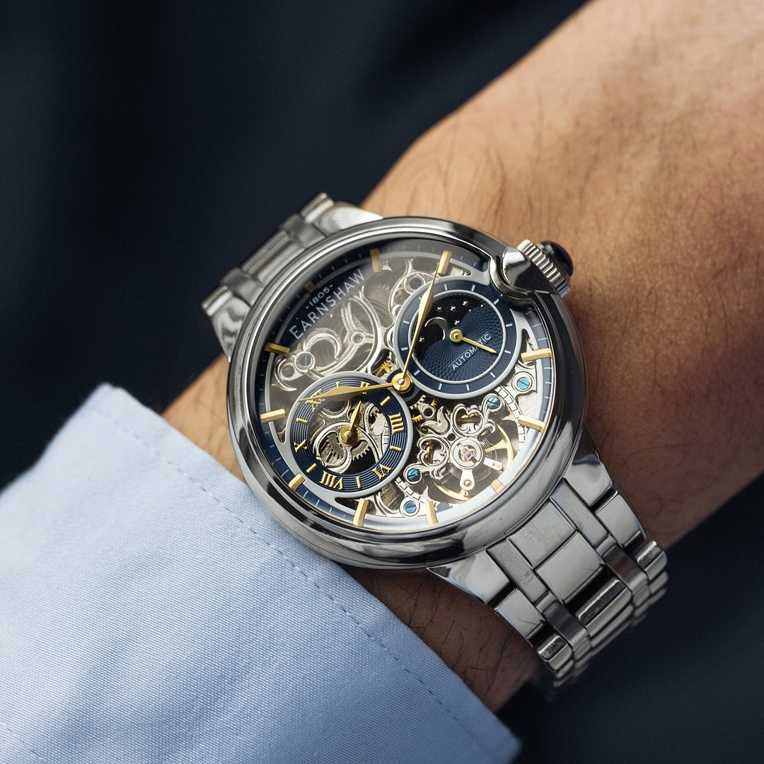 Earnshaw Barallier Dual Time Sun Moon Open Heart Automatic Regiment Blue