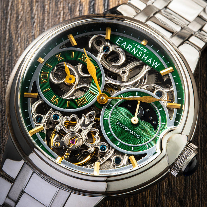 Earnshaw Barallier Dual Time Sun Moon Open Heart Automatic Regal Green