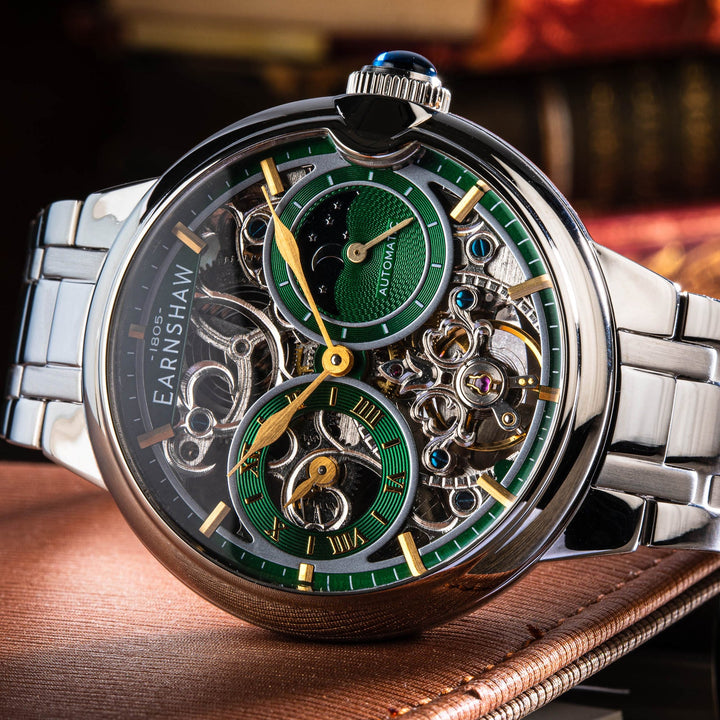 Earnshaw Barallier Dual Time Sun Moon Open Heart Automatic Regal Green