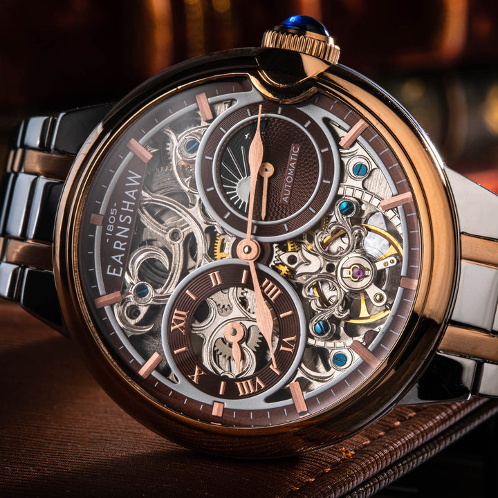 Earnshaw Barallier Dual Time Sun Moon Open Heart Automatic Two Tone Rose Brown