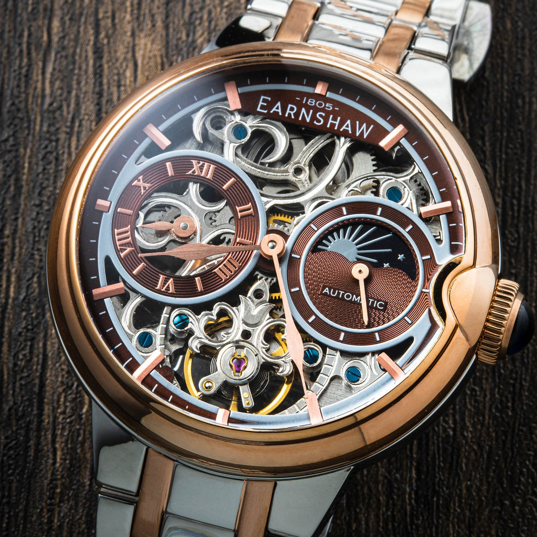 Earnshaw Barallier Dual Time Sun Moon Open Heart Automatic Two Tone Rose Brown