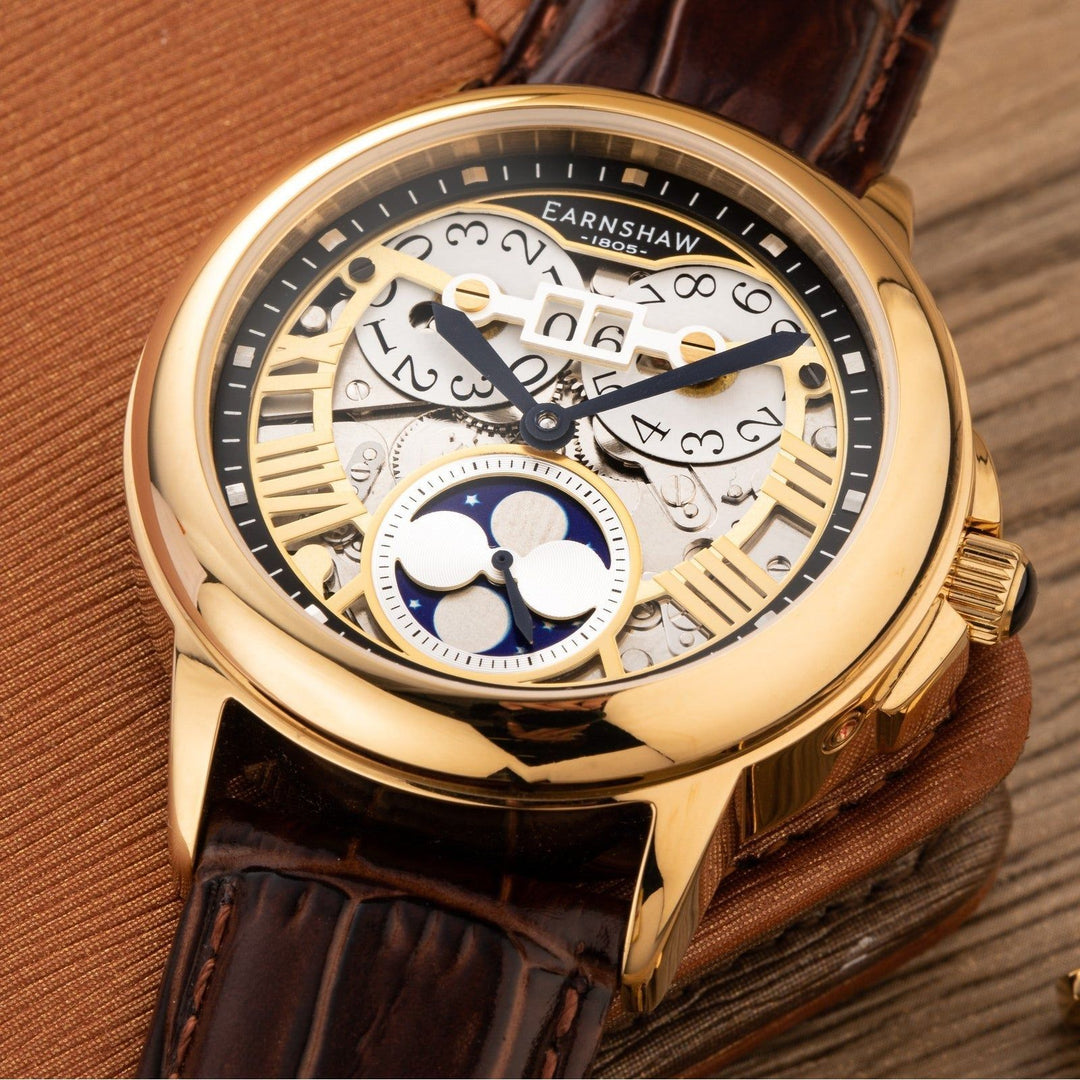 Earnshaw Waterhouse Grand Date Sun Moon Skeleton Automatic Yellow Gold