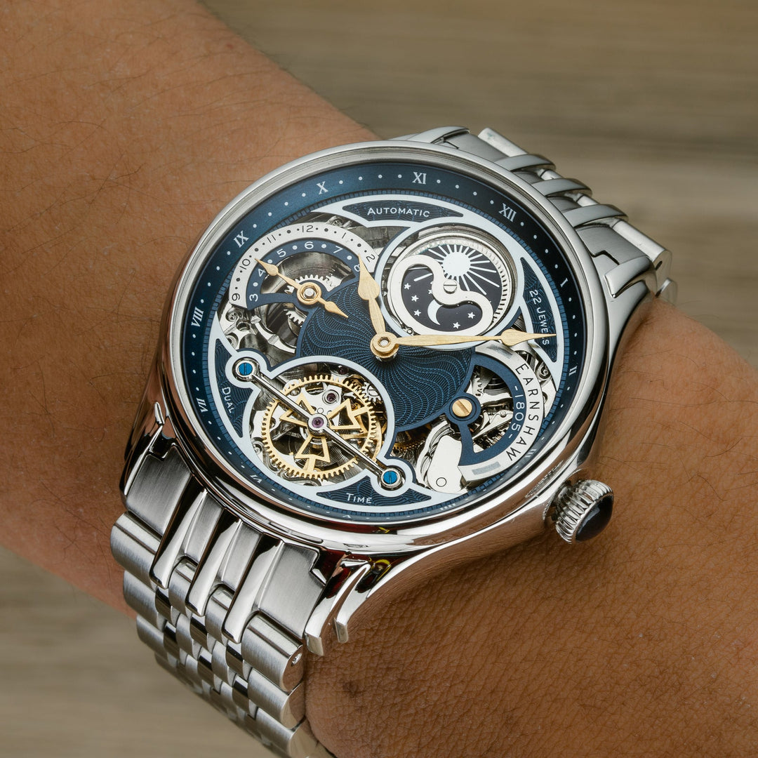 Earnshaw Nasmyth Sun Moon Dual Time Automatic Silver Blue