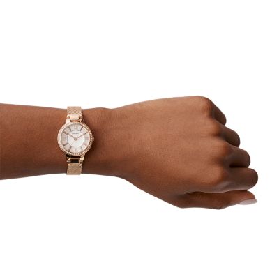 Fossil Virginia Three-Hand Rose Gold-Tone Stainless Steel Mesh Watch