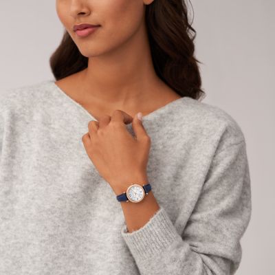 Fossil Carlie Three-Hand Navy LiteHide™ Leather Watch