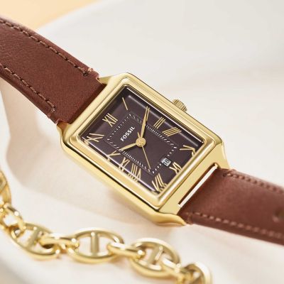 Fossil Raquel Three-Hand Date Medium Brown LiteHide™ Leather Watch