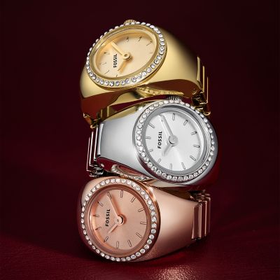 Fossil Watch Ring Two-Hand Rose Gold-Tone Stainless Steel