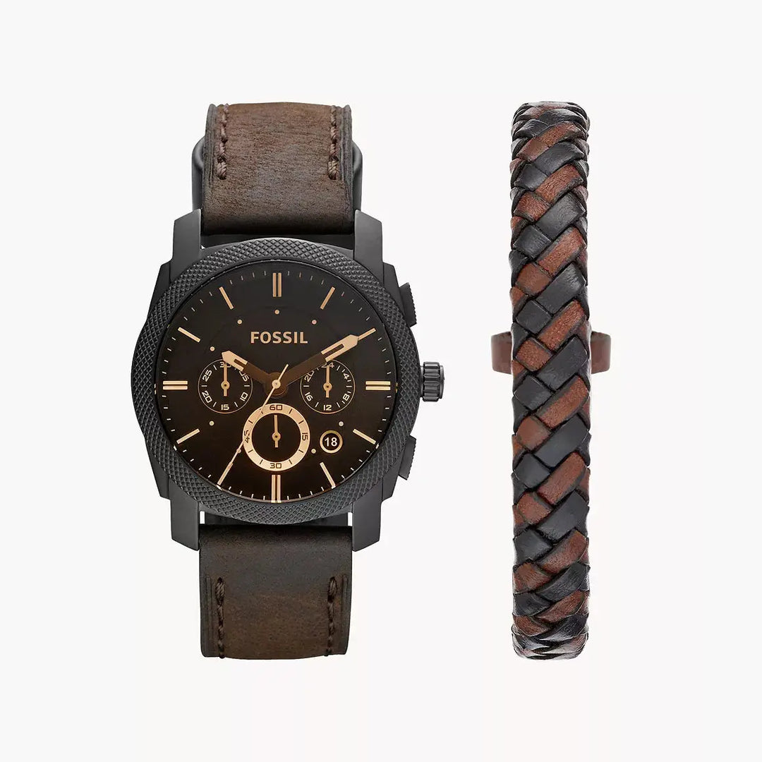 Fossil Machine Chronograph Dark Brown Leather Watch And Bracelet Box Set