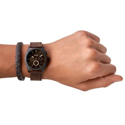 Fossil Machine Chronograph Dark Brown Leather Watch And Bracelet Box Set
