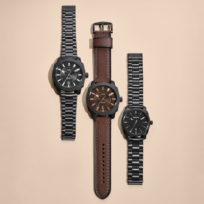 Fossil Machine Three-Hand Date Black Stainless Steel Watch