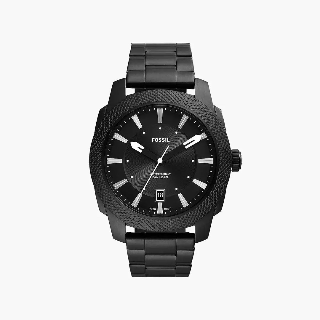 Fossil Machine Three-Hand Date Black Stainless Steel Watch