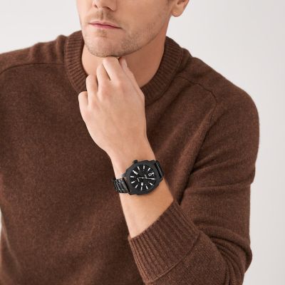 Fossil Machine Three-Hand Date Black Stainless Steel Watch