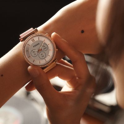Fossil Carlie Gen 6 Hybrid Smartwatch Rose Gold-Tone Stainless Steel Mesh